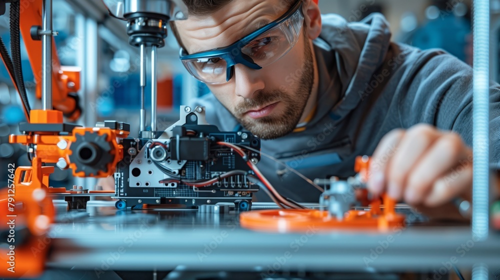 Aufkleber engineer calibrating robotic assembly line machine. focused engineer in protective glasses is calibr