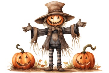 Halloween pumpkin scarecrow. Hand drawn watercolor illustration isolated on white background
