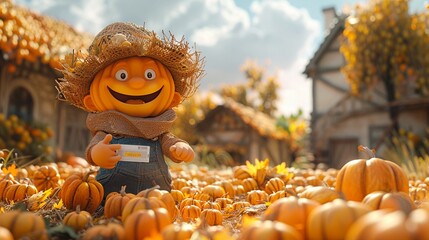 Joyful 3D cartoon farmer finding a winning lotto ticket in the harvest, farm background celebration