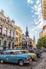 A lively city square with cobblestone streets, historic buildings, and classic cars parked along...