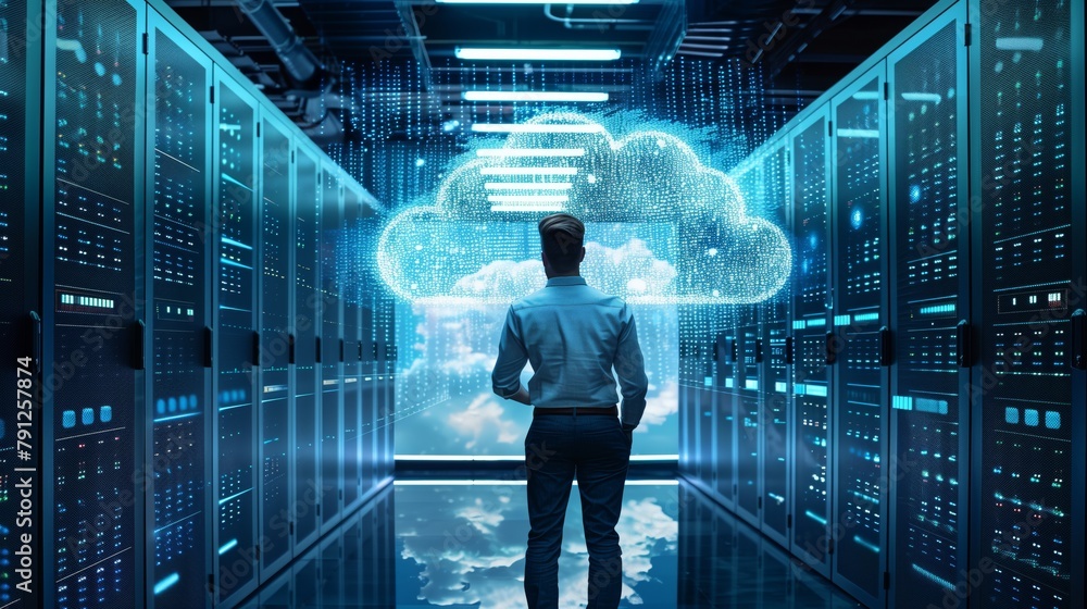 Poster it professional envisioning cloud computing solutions. it professional stands in a server room, visu