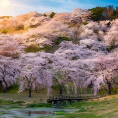 A stunning photograph of a picturesque landscape, featuring a sea of cherry blossoms in full bloom