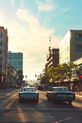 A retro cityscape with mid-century modern architecture, sleek cars, and stylish pedestrians strolling along the sidewalks, Generative AI