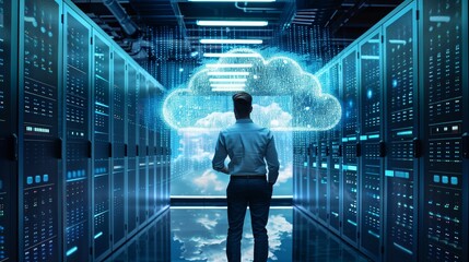 IT Professional Envisioning Cloud Computing Solutions. IT professional stands in a server room, visualizing cloud computing solutions with a glowing digital cloud overlay.