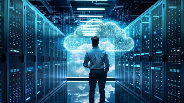 IT Professional Envisioning Cloud Computing Solutions. IT professional stands in a server room, visualizing cloud computing solutions with a glowing digital cloud overlay.