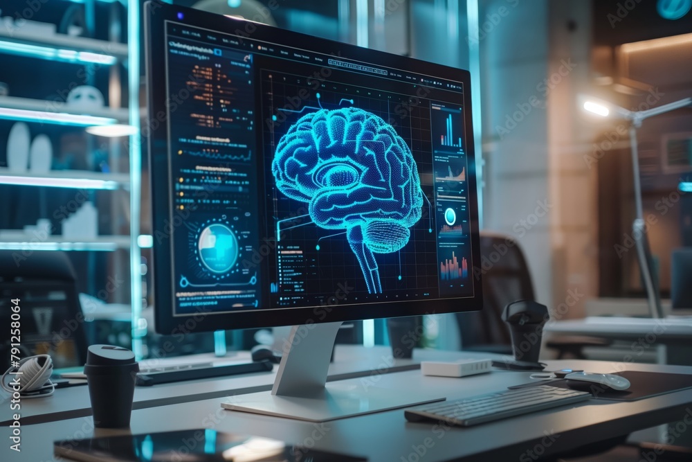 Poster brain activity and analysis on computer screen. high-tech computer monitor displays complex brain ac