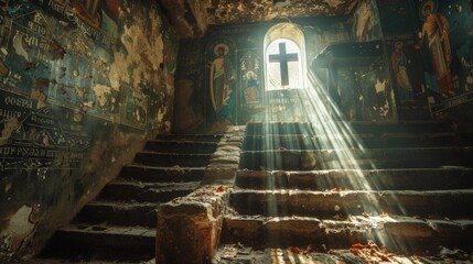 Sunlight Illuminating Ancient Church Interior During Feast of the Exaltation of the Holy Cross
