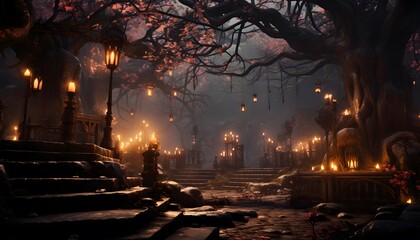 Night scene of a Buddhist temple with lanterns in a foggy forest
