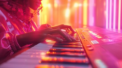 Person typing on a keyboard, 3D illustration, isolated on a dynamic color background