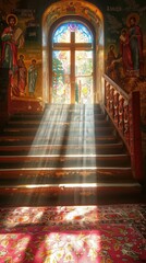 Radiant Light Illuminating an Orthodox Church during Pentecost with Symbolic Decor