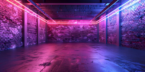 3d neon room, brick wall, concrete floor, glowing neon tubes light, geometric panels, background