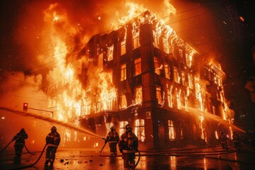 Heroic Firefighters Tackling Massive Blaze at Night: International Firefighters Day Tribute