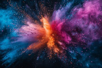 A centered explosion of colorful powder on a black background - obrazy, fototapety, plakaty