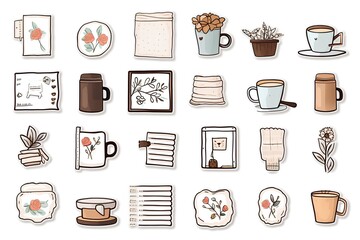 Coffee and tea icons set in doodle style. Vector illustration