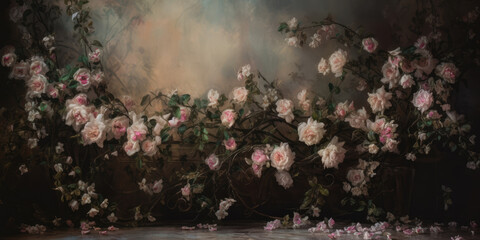 Pink Roses on a Old Wall. Vintage Background in warm gray tones with White Roses. Grunge background with Flowers. Photo studio backdrop