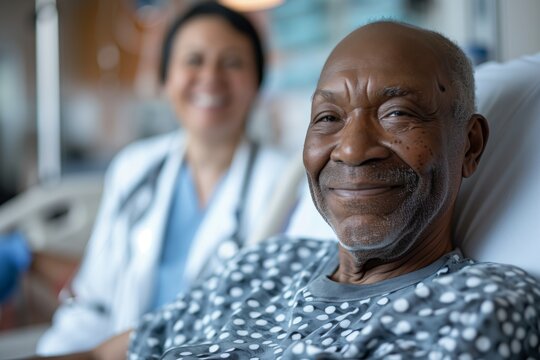 Senior Cancer Patient Smiling with Female Doctor. Smiling senior cancer patient experiences a moment of joy with a supportive female healthcare professional in a hospital room. - Powered by Adobe