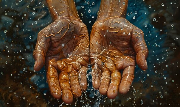 Essence of Purity,
A poignant image of cupped hands catching a splash of clean water, conveying the precious nature of water as a source of life,concept background 
