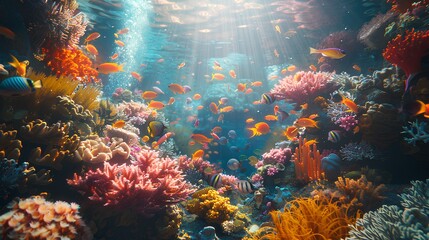 Vibrant Coral Reef with Tropical Fish Underwater,A bustling underwater scene of a colorful coral reef teeming with tropical fish, bathed in the dappled sunlight of the ocean's surface.

