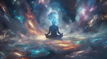 Meditative Figure Amidst Cosmic Nebula Art,A serene illustration featuring a figure in meditation, enveloped by the swirling colors and light of a cosmic nebula, suggesting tranquility. 