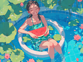 Illustration of girl holding watermelon in summer swimming pool