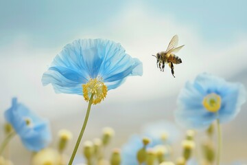 A close shot of a bee flying over blue Himalayan poppy flower with a big space over blurry backdrop for text or product advertisement backdrop, Generative AI.