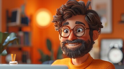 Freelancer in 3D on a video call, working remotely, isolated against a lively orange background