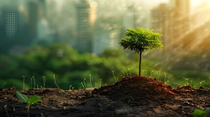 wallpaper concept growth,Urban Renewal Concept with Sprouting Plant,A symbolic young plant sprouting on soil against a backdrop of a sunlit, hazy city skyline, illustrating urban renewal.
 - obrazy, fototapety, plakaty