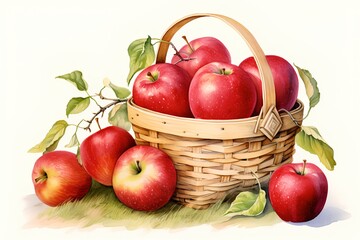 Basket with ripe red apples on a white background. Watercolor illustration