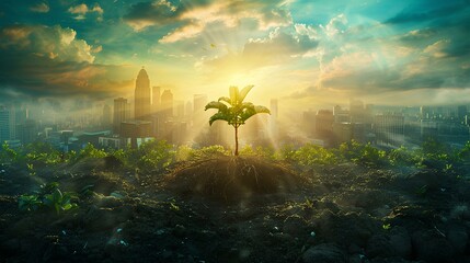 wallpaper concept growth,Urban Renewal Concept with Sprouting Plant,A symbolic young plant sprouting on soil against a backdrop of a sunlit, hazy city skyline, illustrating urban renewal.
