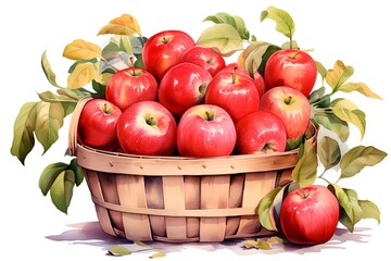 Basket with red apples. Watercolor illustration isolated on white background