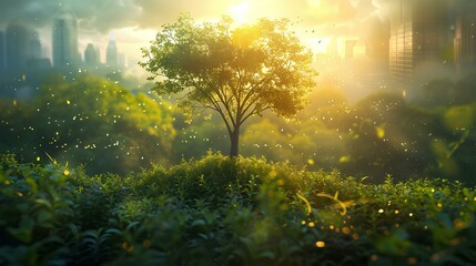 wallpaper concept growth,Urban Renewal Concept with Sprouting Plant,A symbolic young plant sprouting on soil against a backdrop of a sunlit, hazy city skyline, illustrating urban renewal.
 - obrazy, fototapety, plakaty