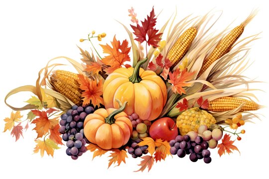 Watercolor autumn harvest composition with pumpkins, grapes, corn and leaves isolated on white background