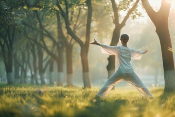 Serene Menopausal Woman Practicing Tai Chi in Misty Park at Dawn