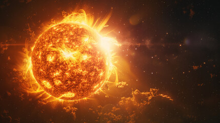 A vivid representation of massive solar flares erupting from the turbulent surface of the sun amidst the cosmos.