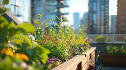 A rooftop garden with a variety of plant species promoting biodiversity and providing a peaceful escape from city life. .