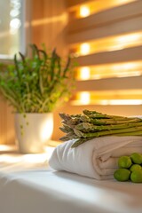 Fresh Asparagus and Olive Sprouts on White Towel in Warm Infrared Sauna-Inspired Setting