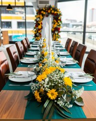 Elegant Prom Dinner Table Set for Graduation Celebration, Festive Atmosphere with Floral Centerpieces