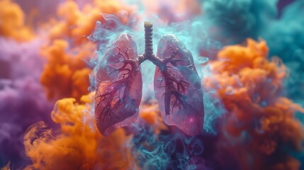 Colorful Smoke Engulfing Human Lungs in Artistic Illustration. Artistic digital illustration of human lungs immersed in a swirl of colorful smoke, representing air quality and lung health. - obrazy, fototapety, plakaty