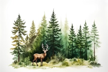 Hand drawn watercolor illustration of a deer in the forest with pine trees.