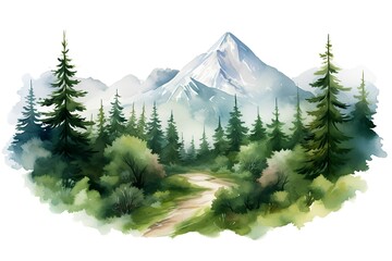 Watercolor landscape with forest and mountains. Hand drawn illustration for your design