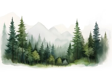 Watercolor illustration of coniferous forest with mountains in the background