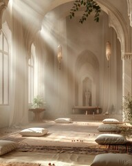 Fototapeta premium Serene Meditation Sanctuary with Ethereal Lighting and Spiritual Icons
