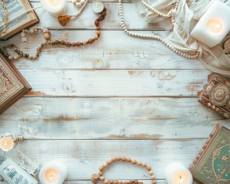 Serene Assembly of Multi-Faith Religious Texts and Symbols in Soft Natural Light