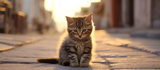 kitten sitting in empty street. Dirty little lonely stray kitty cat outdoors