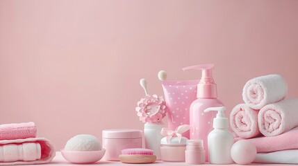Obraz na płótnie Canvas A close shot of variety of baby care product arranged on pink backdrop with a big space for text or product advertisement background, Generative AI.