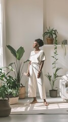 Naklejka premium Serene Afternoon Spring Cleaning: Middle-Aged Black Woman Embracing Minimalism in Pastel Home