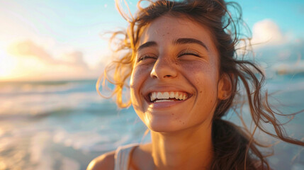 A young woman laughing joyfully at a beach