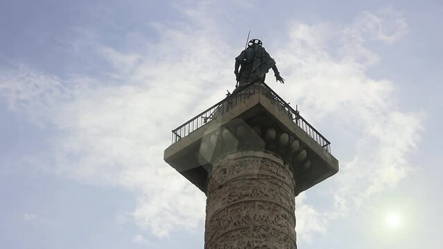 View of the Column of Marcus Aurelius (Italian: Colonna di Marco Aurelio) in the Center of Rome, Italy. 