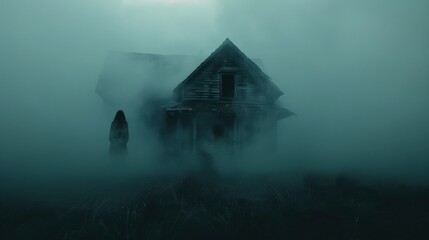 Mysterious Figure Lurks at Window of Abandoned Gothic House in Fog for National Paranormal Day