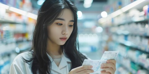 Portrait of a young Asian woman reading the instructions for use of a drug in a pharmacy.